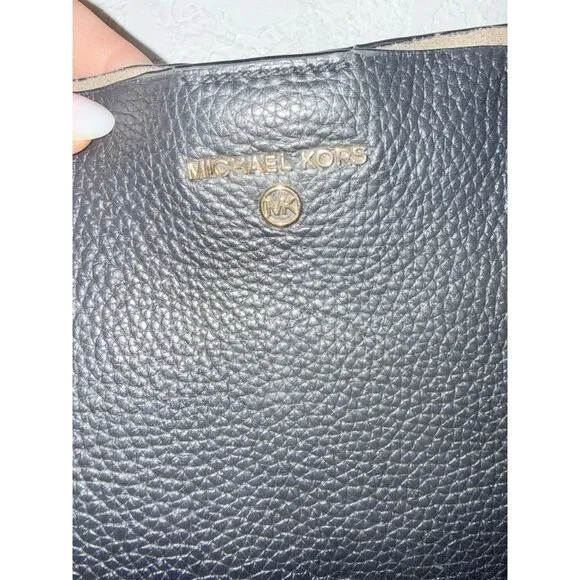 Michael Kors Soft Leather Tote Shoulder Bag Large Black/Gold MK Logo Suede - Picture 2 of 7